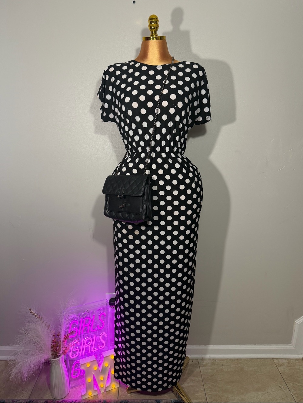 Polka Dot Maxi Dress in Black & White - Women's Elegant Silhouette
